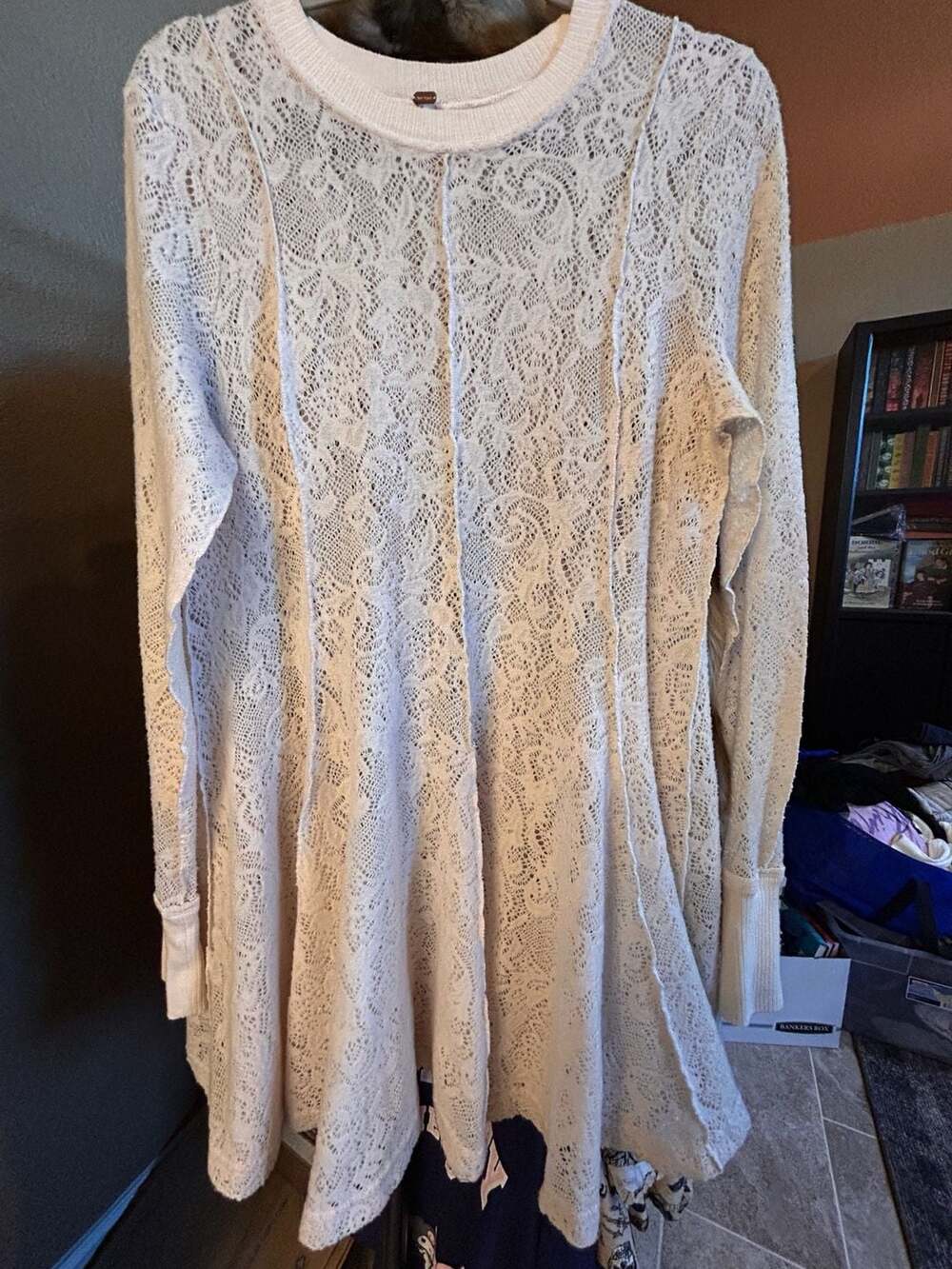 Free People Coffee In The Morning Lace Tunic Top M Ivory Cream Sheer Boho - Picture 4 of 4